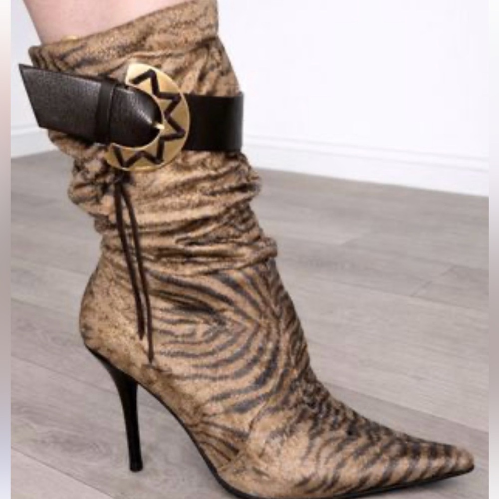 VINTAGE Casadei Italy Zebra Print Gold-Shimmer Sock Boots - Size 39